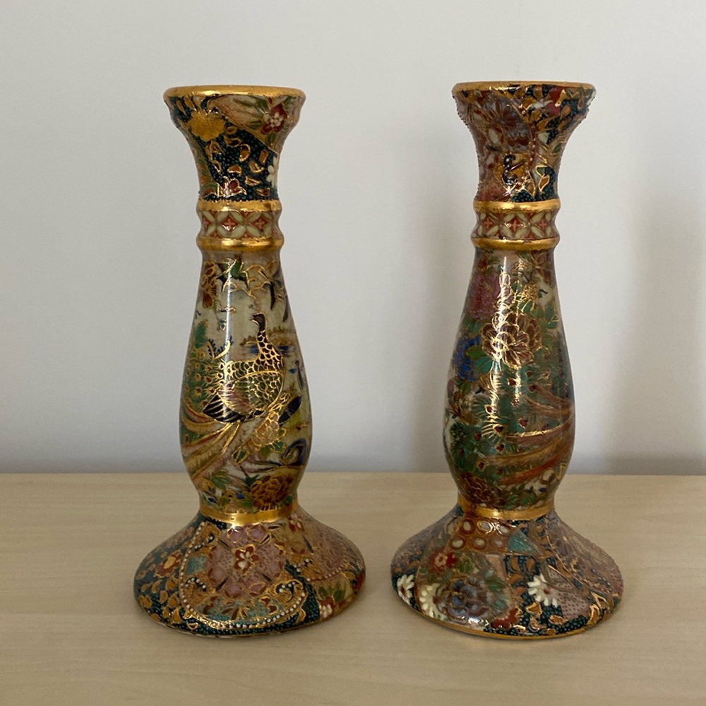 Beautiful pair of vintage Asian painted porcelain candlesticks